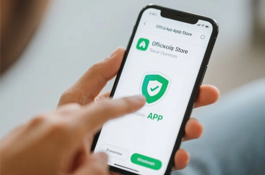 用户手持安卓手机，正在通过官方应用商店安全下载APP，画面突出正规和安全感